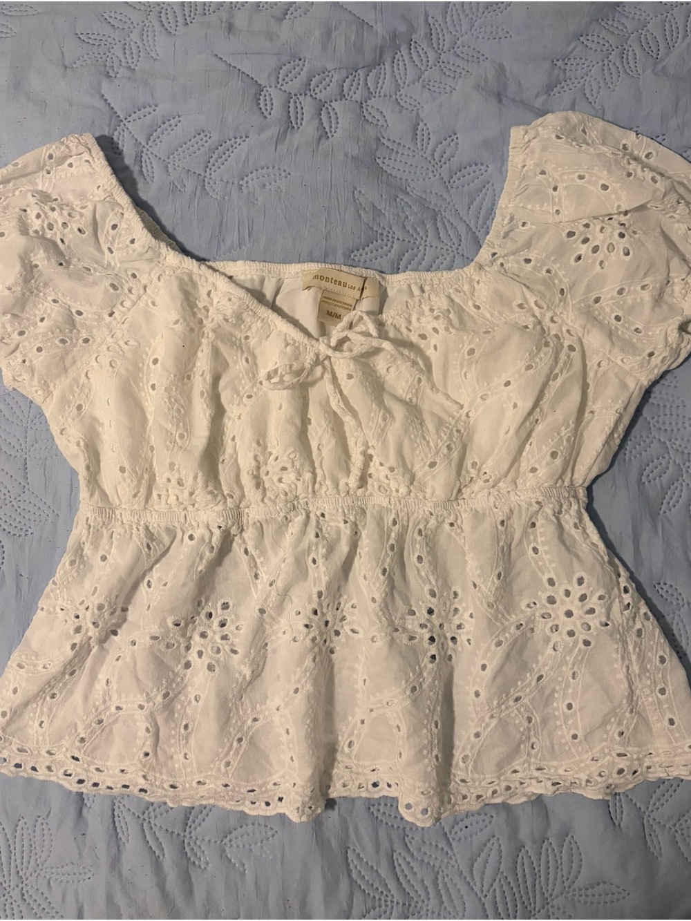 White Eyelet Peasant Top with Smocked Waist